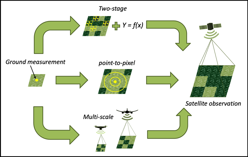Illustration of different approaches for upscaling ground-based measurements of terrestrial biophysical variables to the scale of satellite pixels.