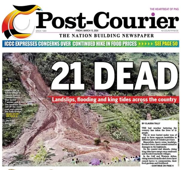 The front page of the Post-Courier for 15 March 2024, featuring the landslide at Sikola in Papua New Guinea.