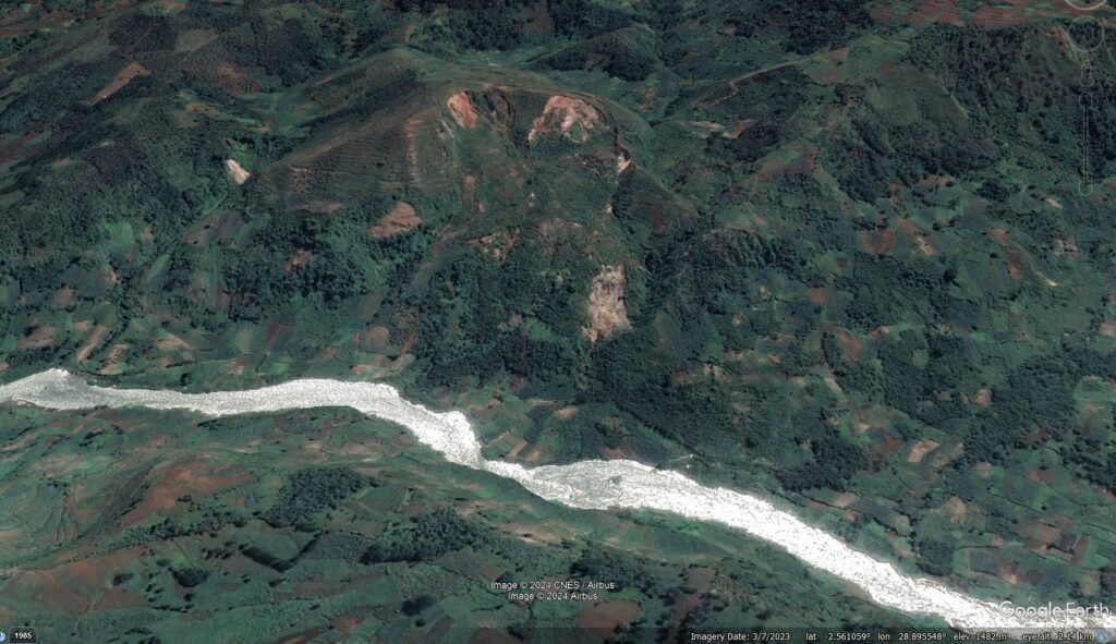 Google Earth image of the site of the valley-blocking landslide between Rwanda and the DRC.