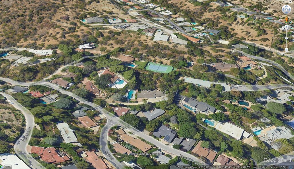 Google Earth imagery of the postulated location of the 13 March 2023 Sherman Oaks landslide in California.