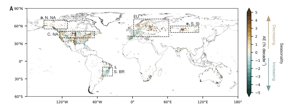 A map of the world shows regions with increasing and decreasing seasonality of river flow.