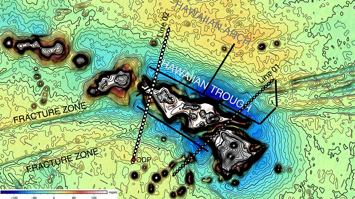 Map of the Hawaiian islands with colors and contour lines overlain.