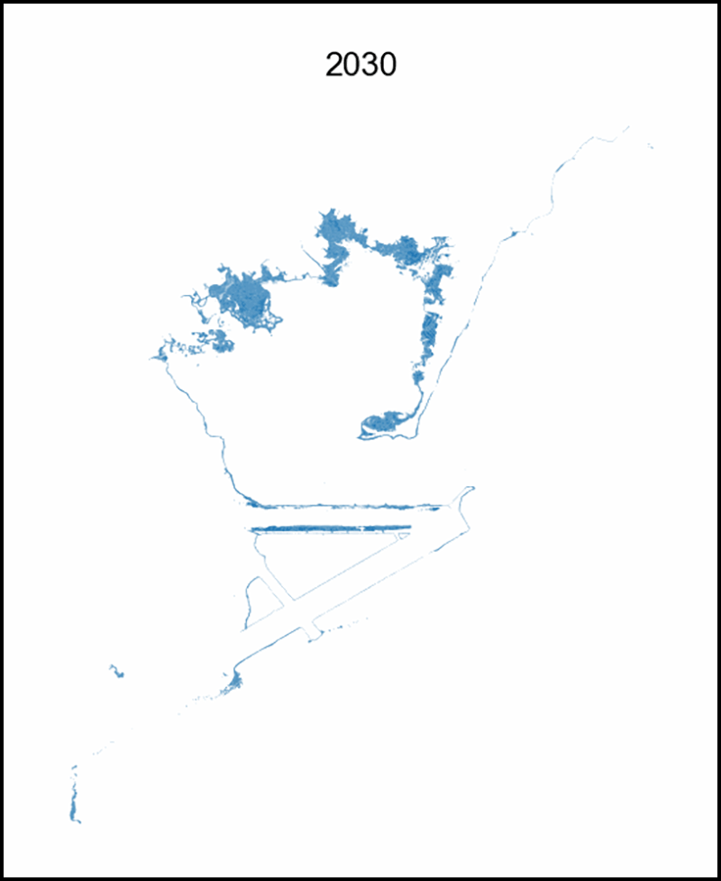 A time-lapse view of sea level rise projections near Pago Pago International Airport spanning 2030–2100