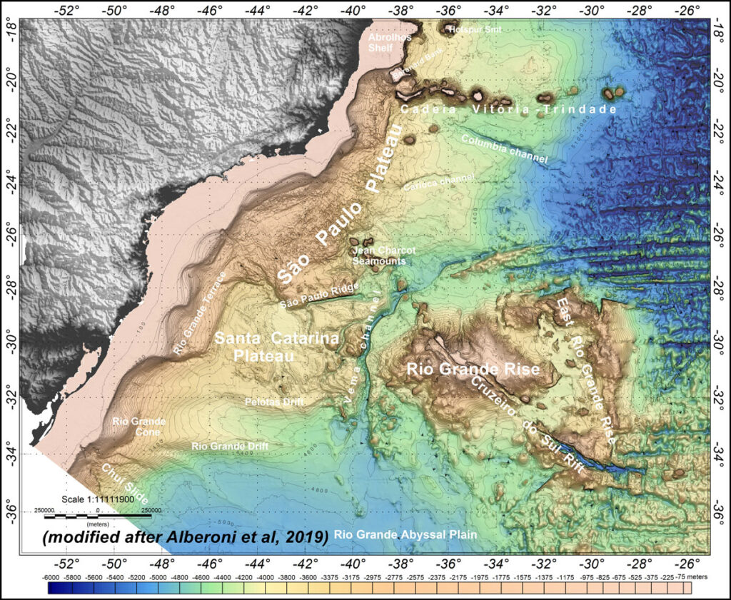 Bathymetric map showing the Brazilian coastline and the shallower continental margin, sloping away into the deeper ocean. The Rio Grande Rise is a shallow section.