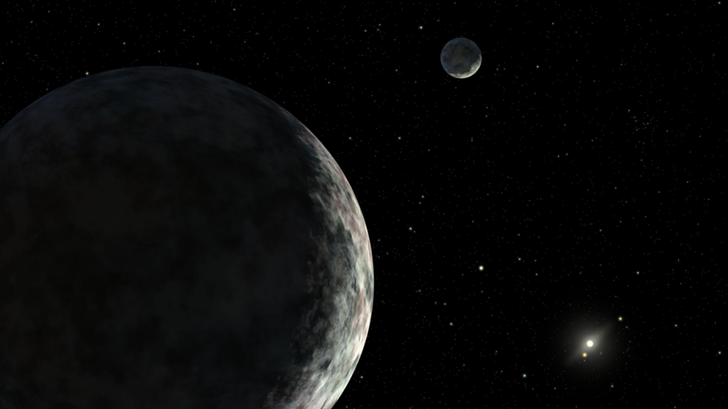 A dark orb with a bright crescent, a smaller orb in the distance, and a faint star in one corner depict Eris, its moon, and the Sun