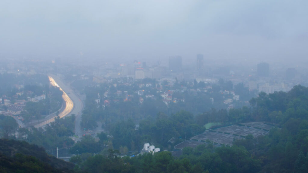 A view of Hollywood, Calif., from above on a smoggy, rainy day.