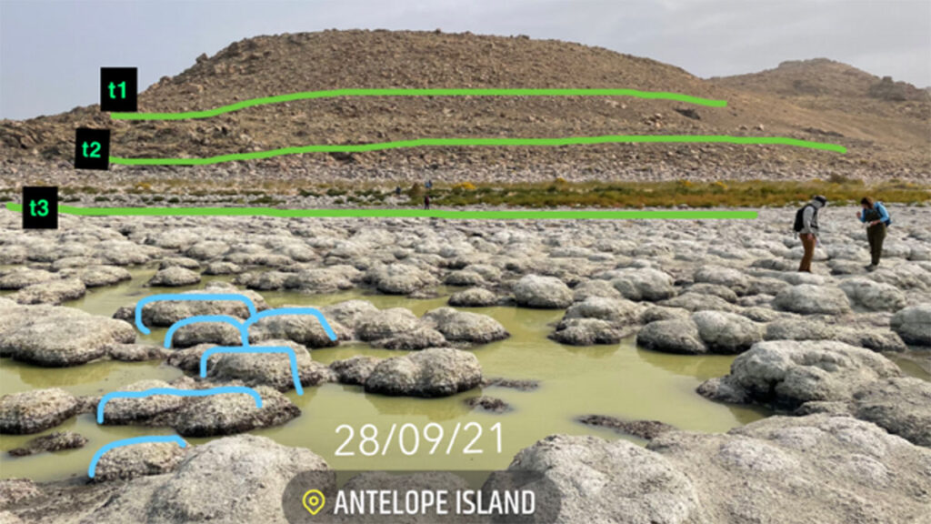 Two people stand in an area covered in rock mounds, with puddled water in the foreground and a low rocky hill in the background. The image is annotated with a date, location, and blue and green lines identifying, respectively, several of the mounds and three elevations on the hill.