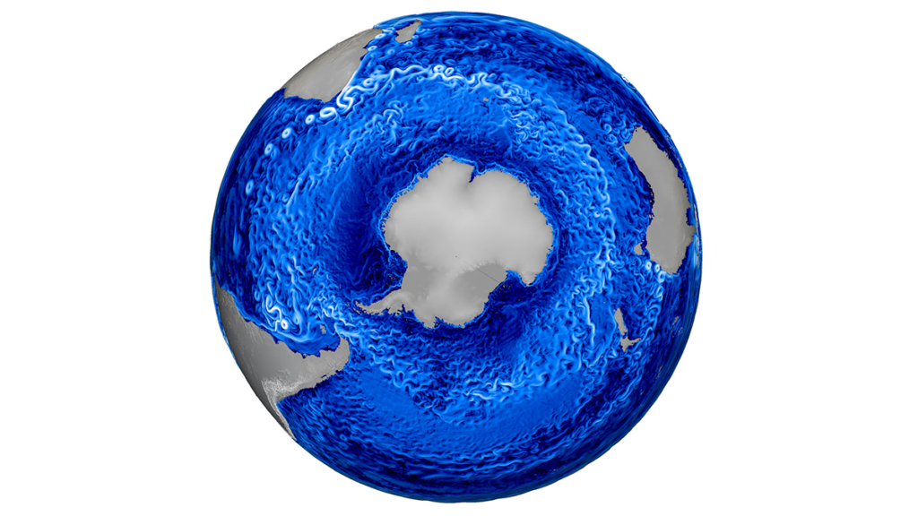 A simulated image of Earth with Antarctica at the center. Swirls and waves in the ocean represent the speed and direction of currents and eddies.