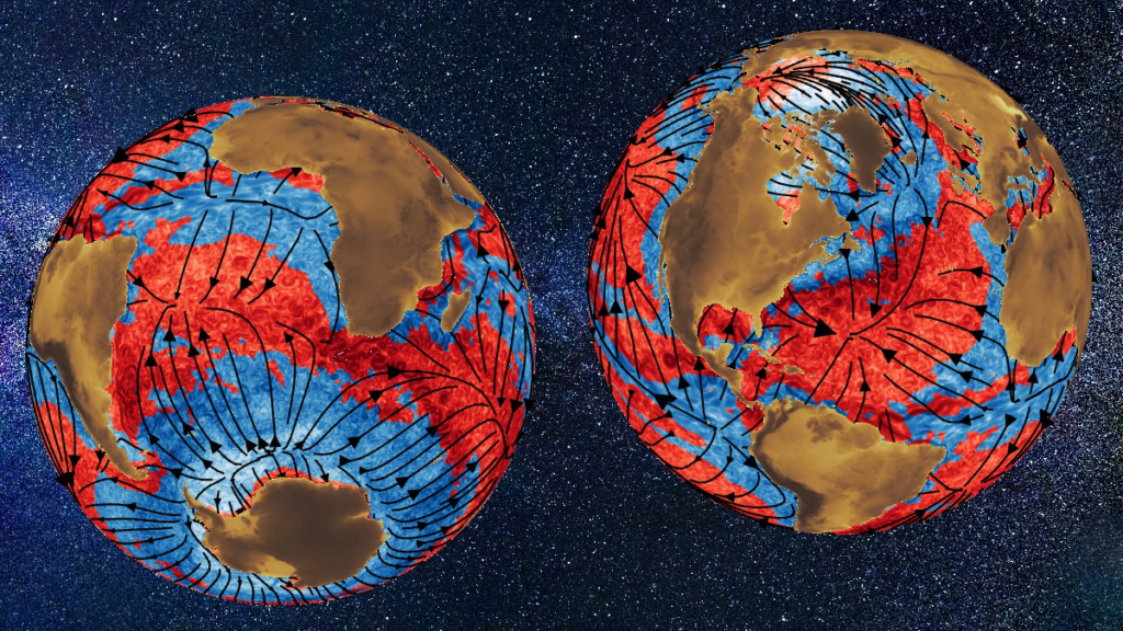 Two views of a schematic Earth with red and blue sections of ocean and arrows