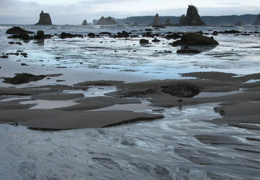 Rivulets of water on a sandy beach, with rocky outcrops in the background.