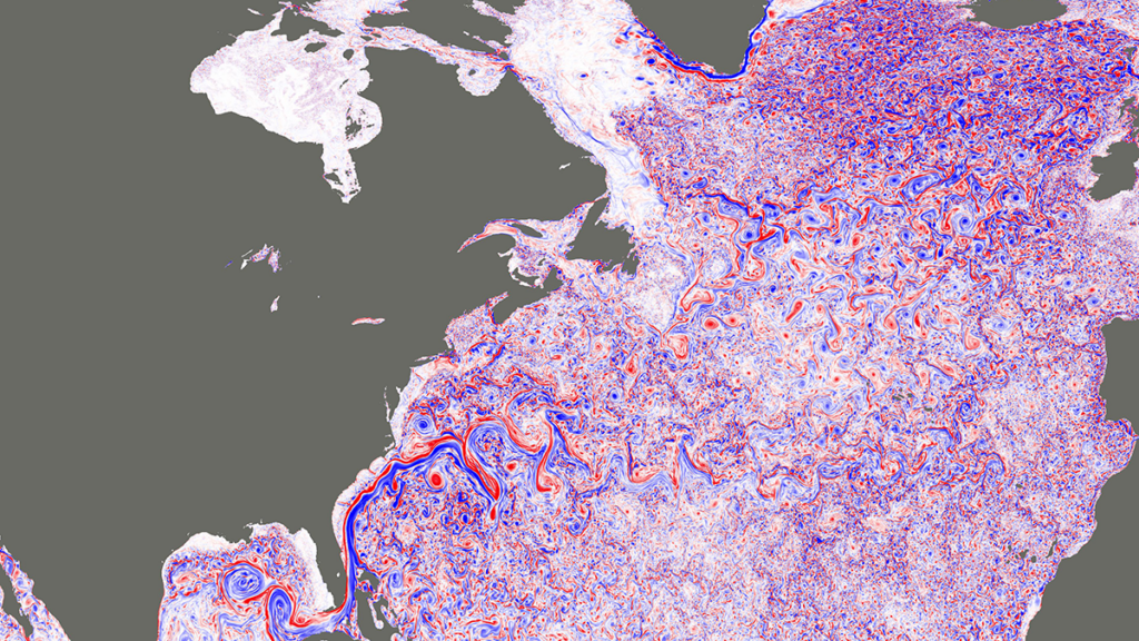 Ocean eddies swirl across a coastal stretch in the North Atlantic Ocean.