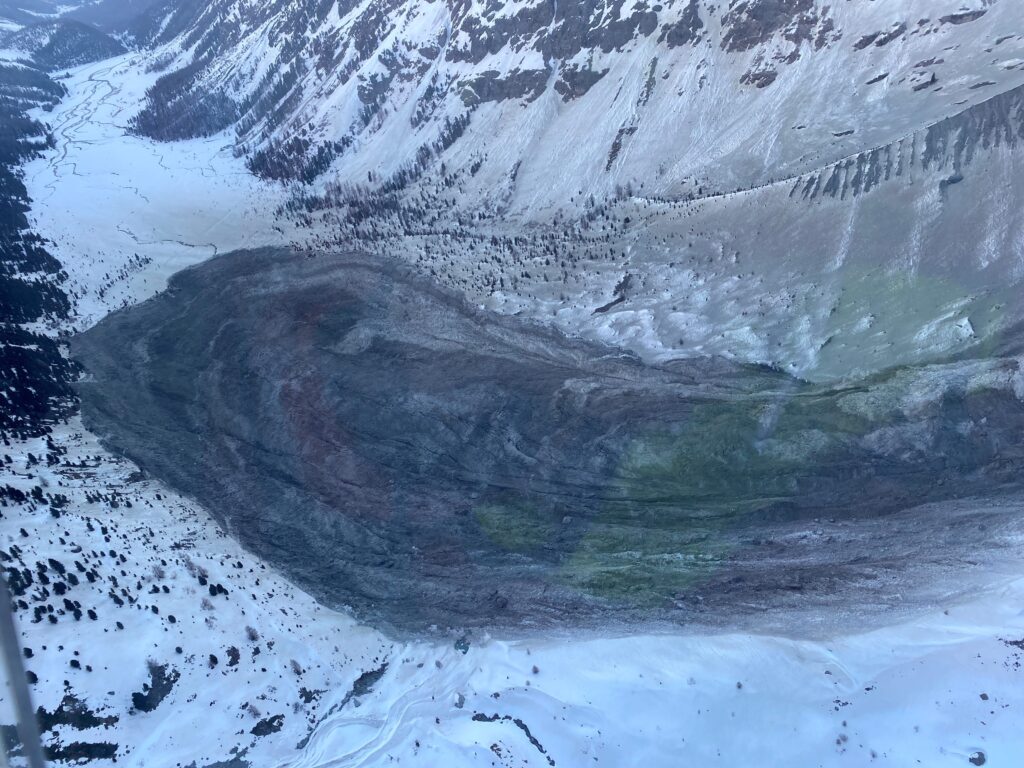 The toe of the 14 April 2024 Piz Scerscen rock avalanche in Switzerland.