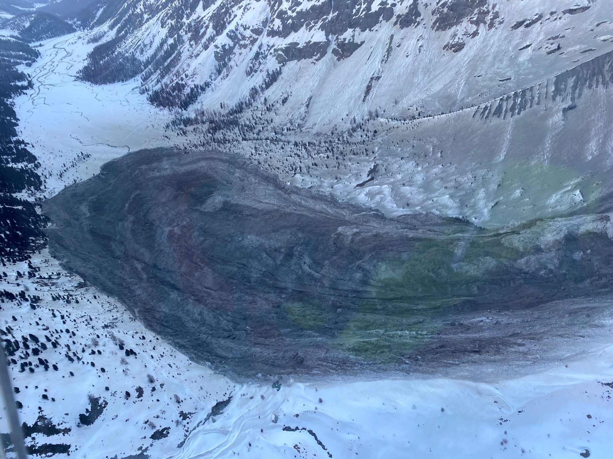 The toe of the 14 April 2024 Piz Scerscen rock avalanche in Switzerland.