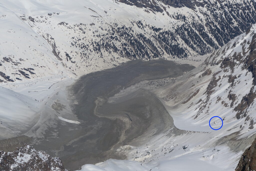 The path of the 14 April 2024 Piz Scerscen rock avalanche in Switzerland. with the Tschierva hut circled. 