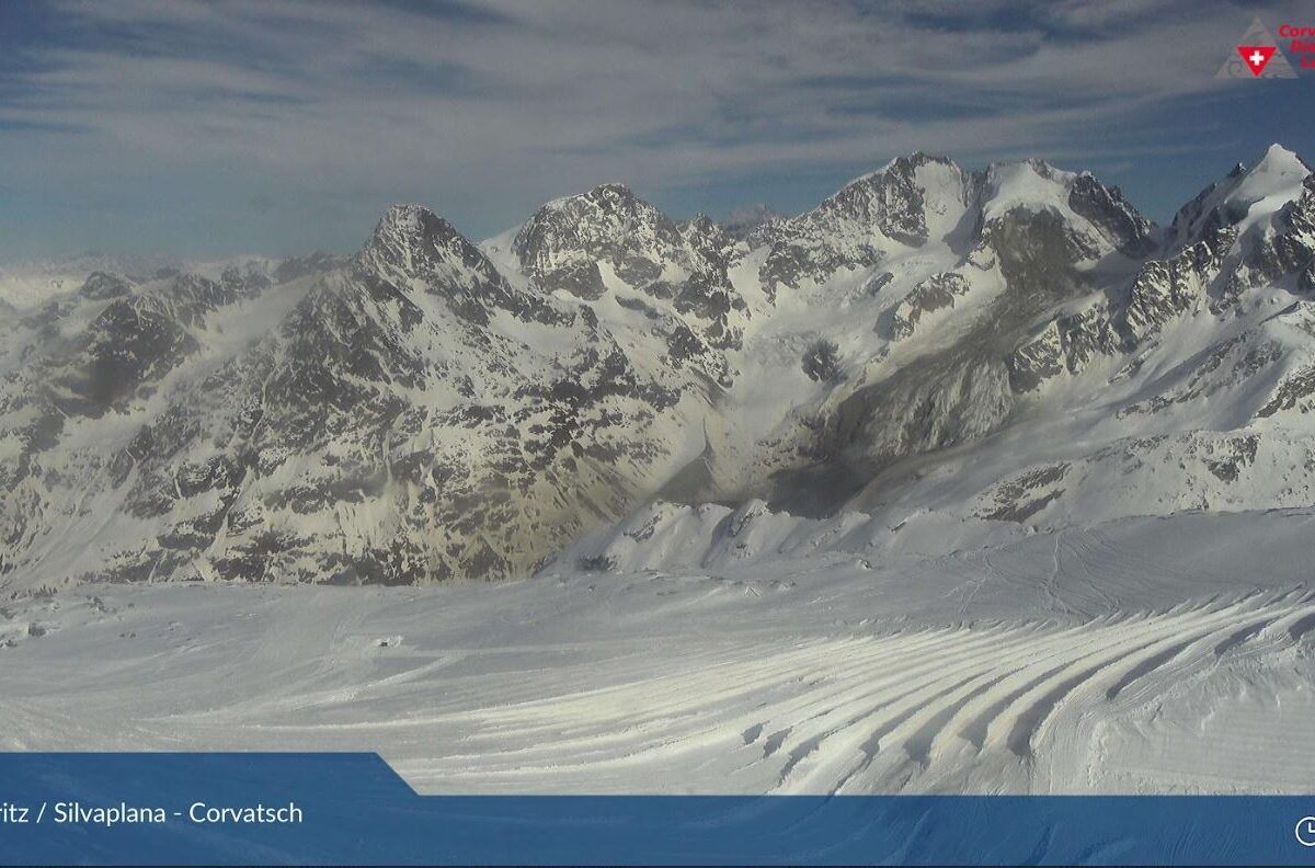 A webcam image of the aftermath of the Piz Scerscen rock avalanche, captured at 16:44 from the Corvatsch skiing station.