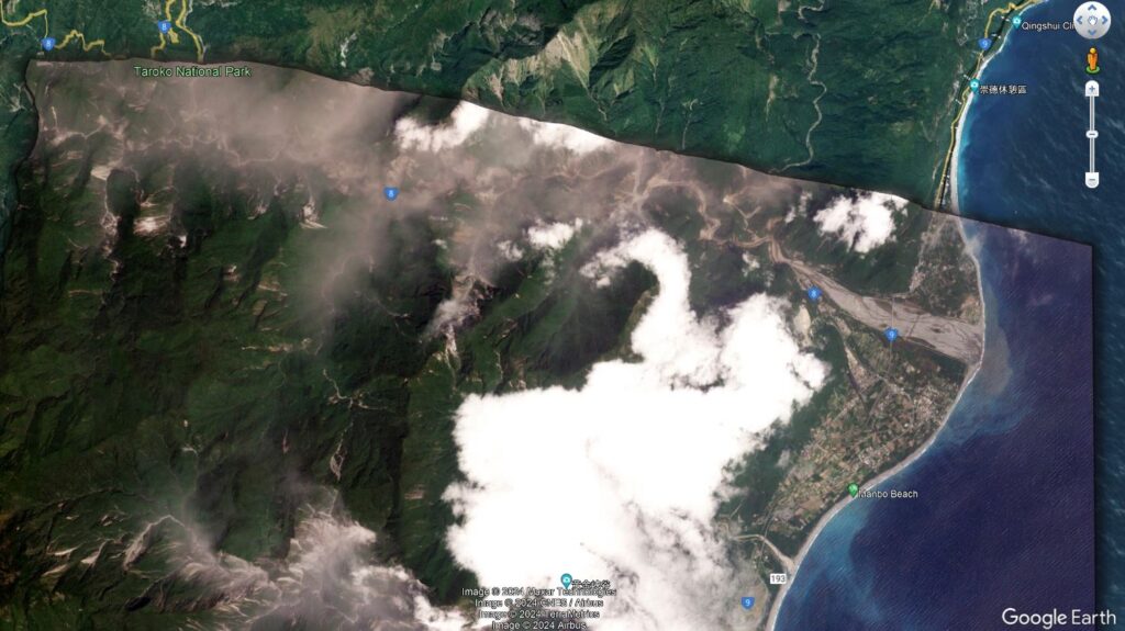 Satellite image, collected a couple of hours after the 3 April 2024 Taiwan earthquake, showing the Taroko Gorge area. Image copyright Planet Labs, used with permission.