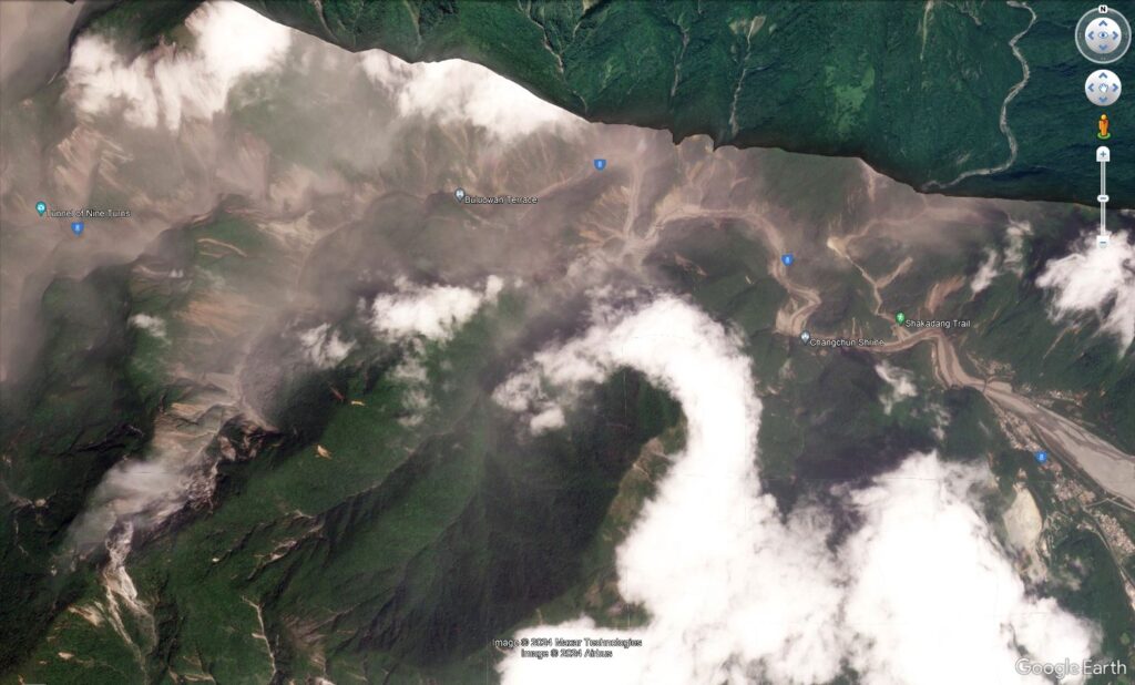 Satellite image, collected a couple of hours after the 3 April 2024 Taiwan earthquake, showing the main part of Taroko Gorge area. Image copyright Planet Labs, used with permission.