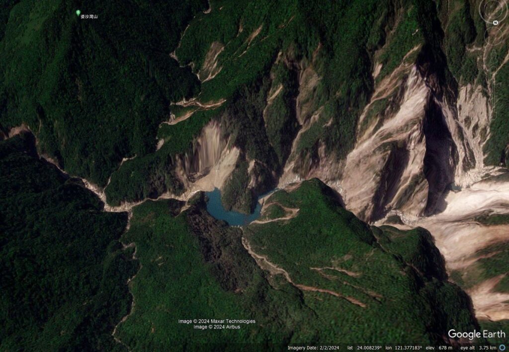 Planet Labs image of the valley blocking landslide from the Hualien landslide, draped onto the Google Earth DEM.