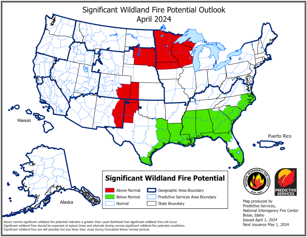 A map of the United States predicts above-average significant fire potential in the southern Great Plains and Upper Midwest, with below-average significant fire potential in the Southeast, in April.