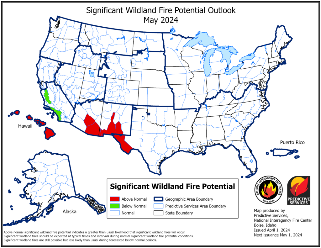 A map of the United States predicts above-average significant fire potential in the Southwest and Hawaii, with below-average significant fire potential in California, in May.