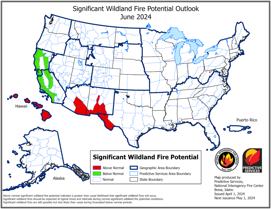 A map of the United States predicts above-average significant fire potential in the Southwest and Hawaii, with below-average significant fire potential in California, in June.