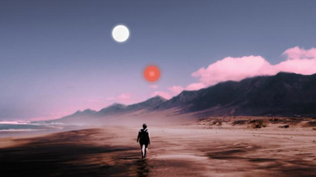 Illustration of a person walking in a desert under two suns.