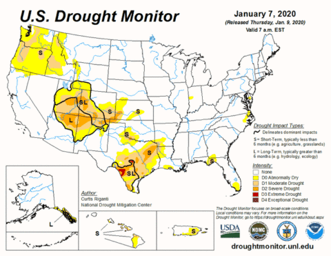 Animation of the U.S. Drought Monitor map, showing how drought conditions changed between 2020 and 2023