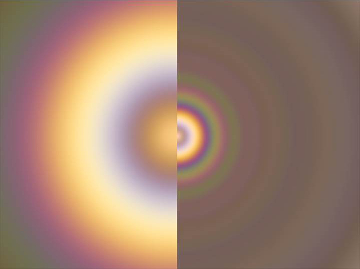Side-by-side views of concentric light and dark rings. The rings on the left are wider and spaced farther apart than the ones on the right.
