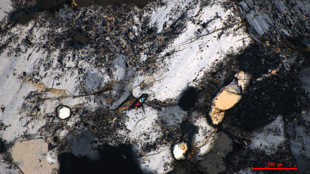 A piece of rock under a microscope. Colors are mostly gray and beige, with a small section of blue near the center. A legend on the bottom right indicates the image is about 100 micrometers across.