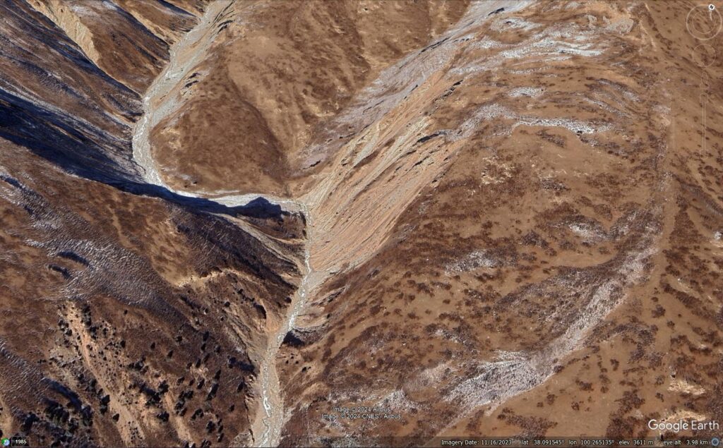 Google Earth image of the source area of the 22 July 2021 Xiao Dongsuo debris flow.
