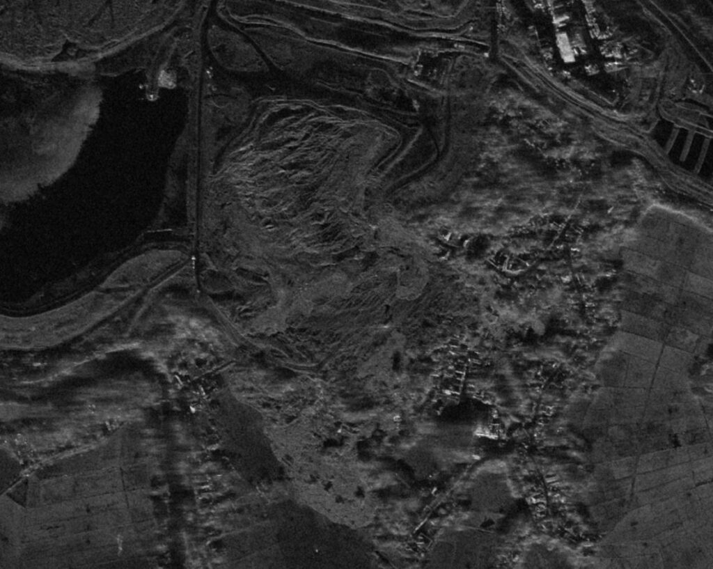 A magnified radar satellite image of the 11 May 2024 tailings landslide at Siana in the Philippines.