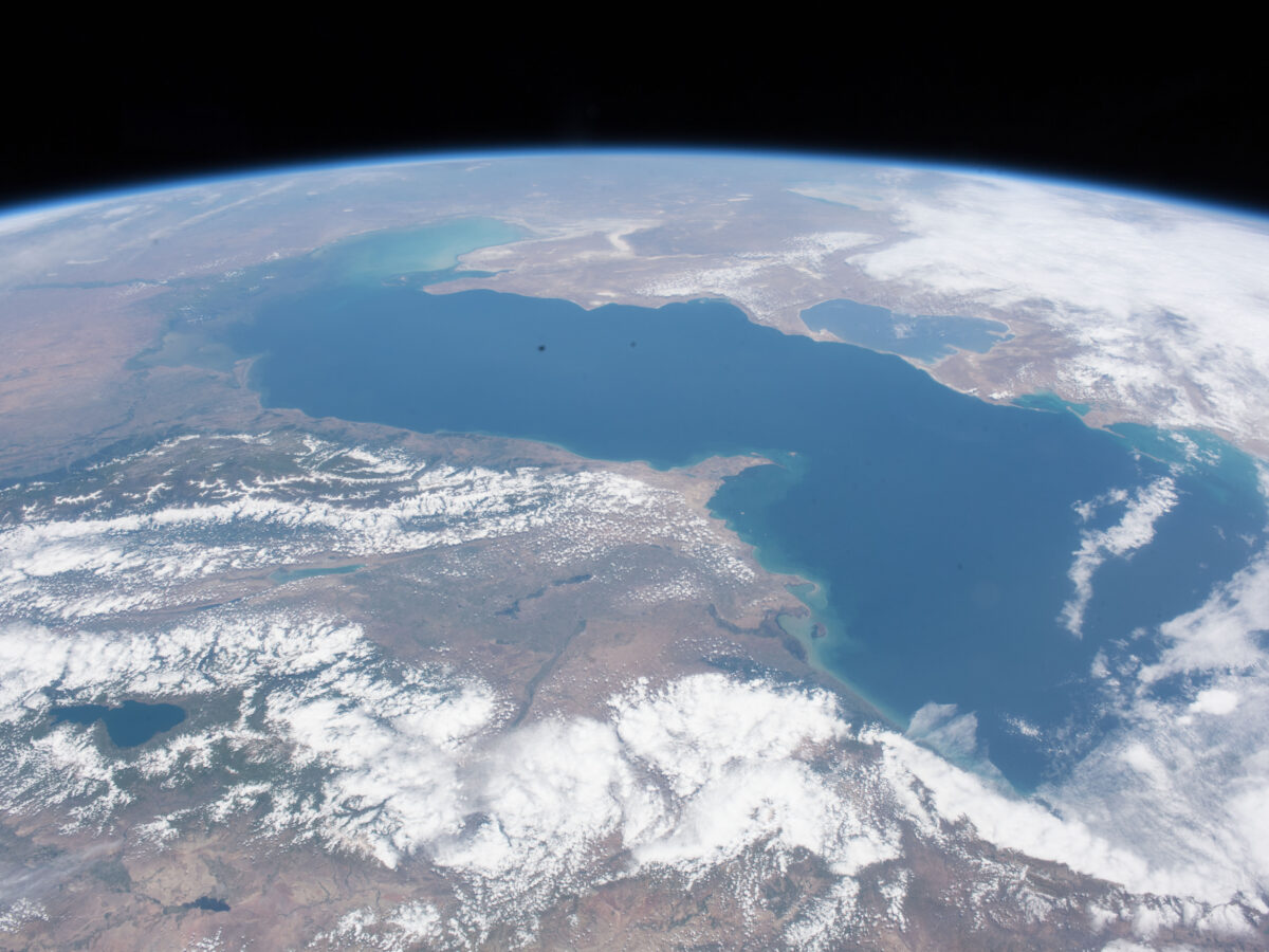 A satellite photo shows the Caspian Sea from above.