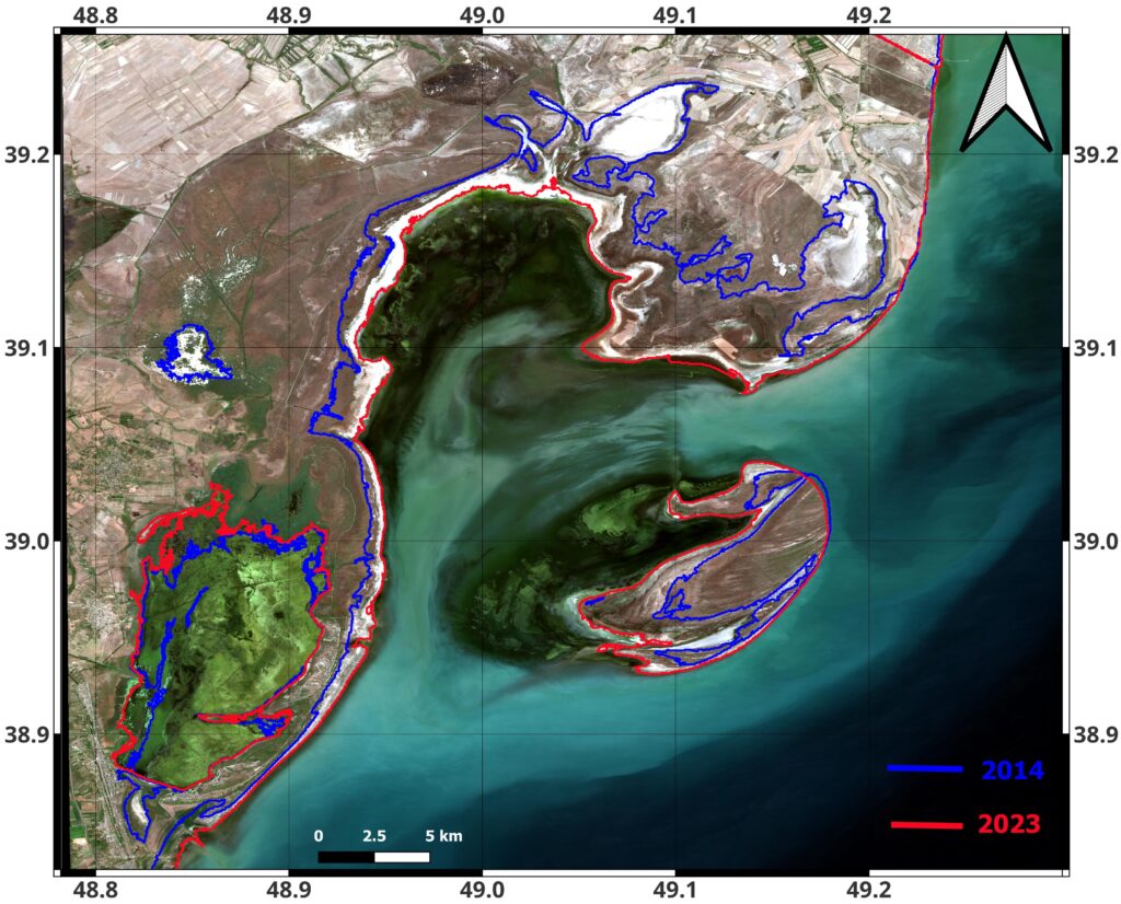 A map of the Gizil-Aghaj State Reserve shows the extent of the Caspian Sea coastline in 2014 and 2023.