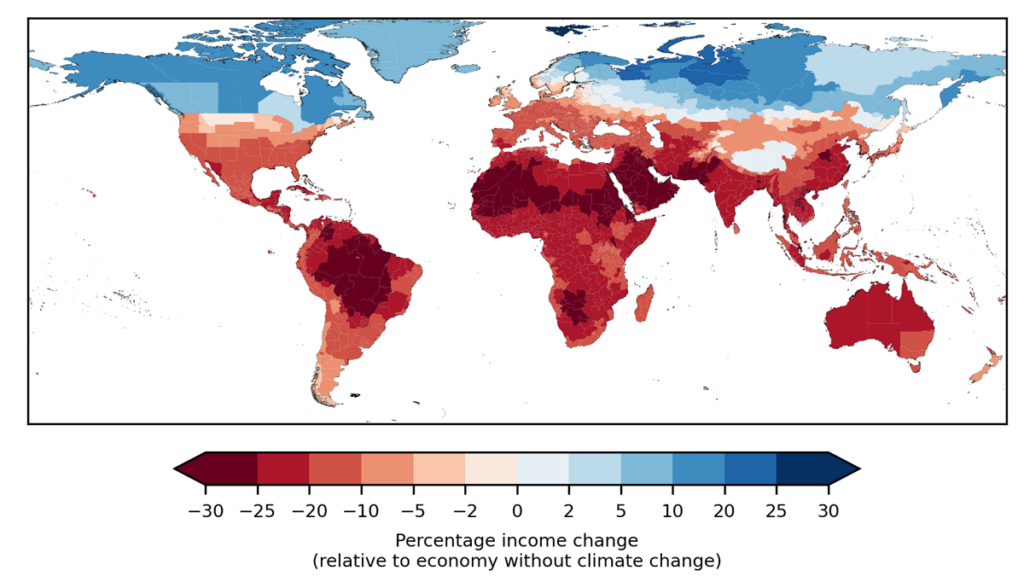 A map of the world colored by percentage income change. Most of the map is red, signifying an income drop.