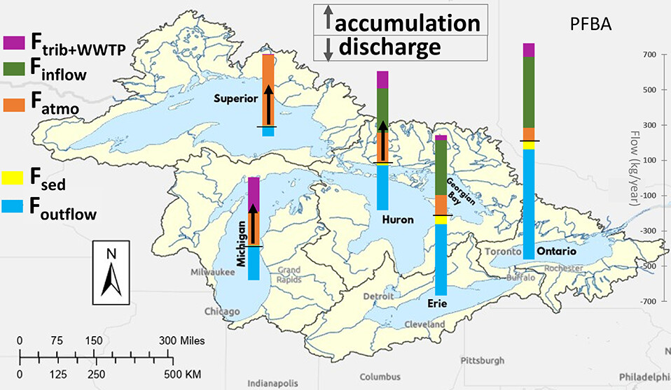 A map shows the ways PFAS flow into and out of each of the Great Lakes.