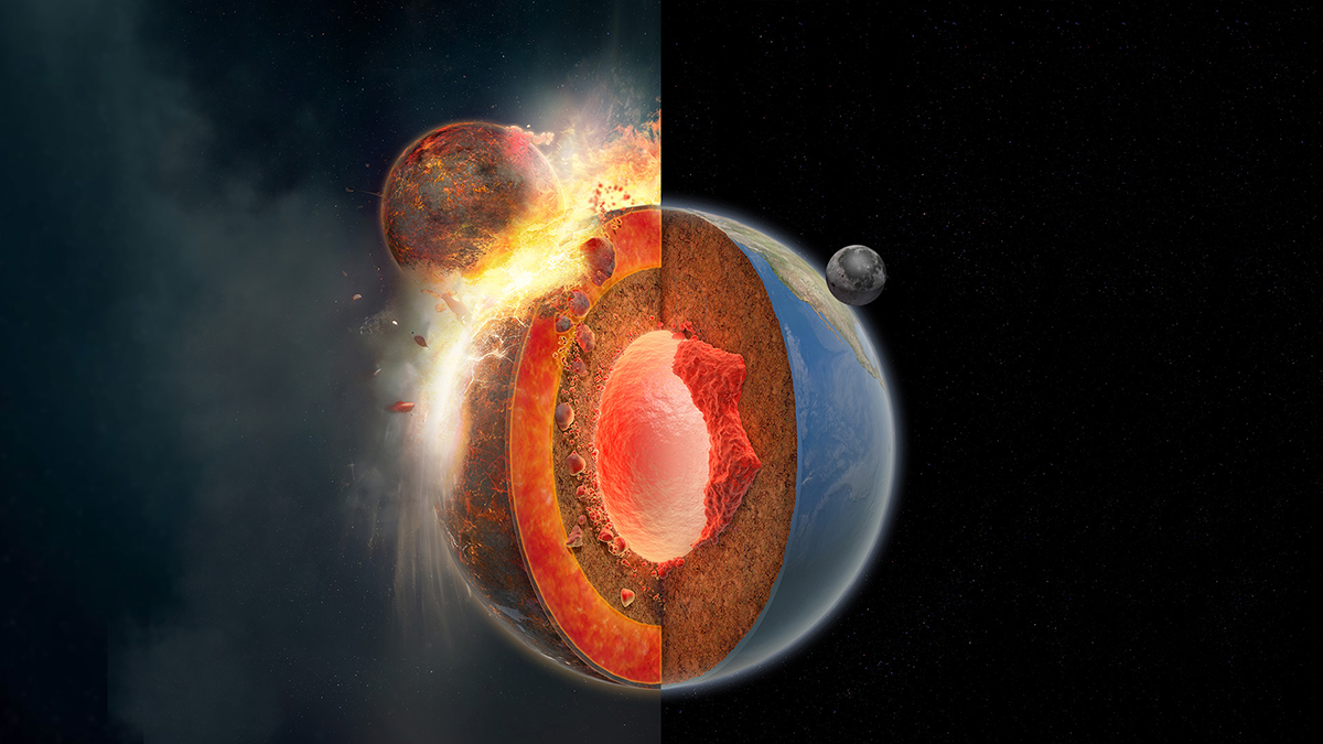 An artist’s depiction of Earth split into two. On the left side is Earth early in its history, being struck by another planetary body in a fiery impact. On the right is Earth today, with a smooth surface, mantle plumes, and a moon.