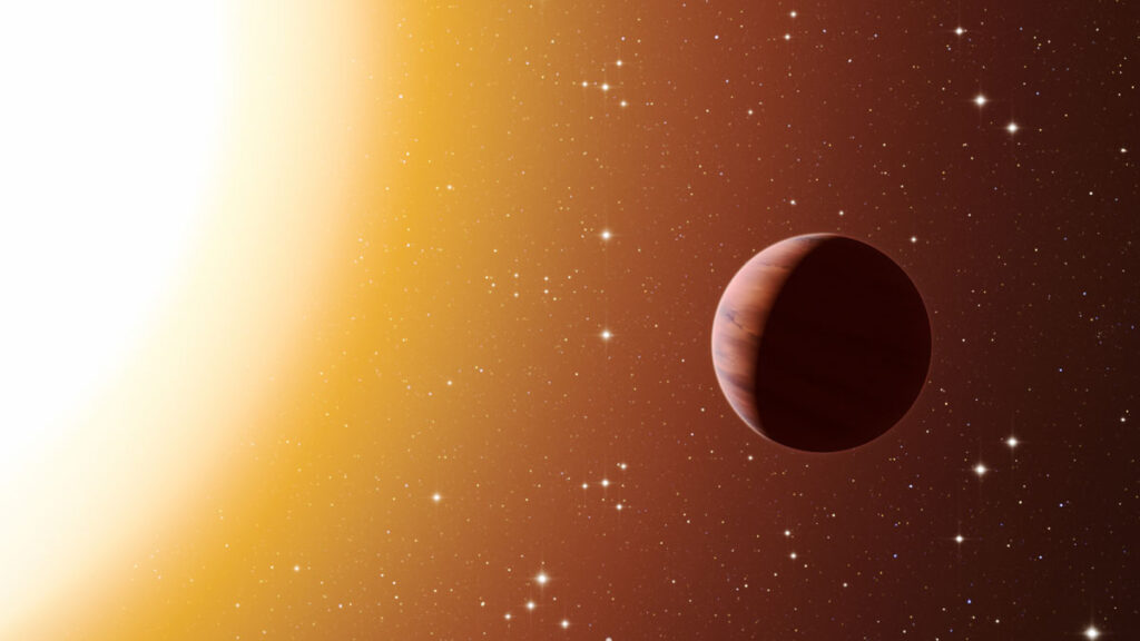 An artist’s rendering of a striped gas planet close to a star