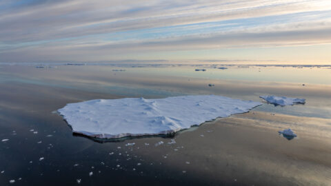 An ice floe floats in the Amundsen Sea close to the shore of West Antarctica.