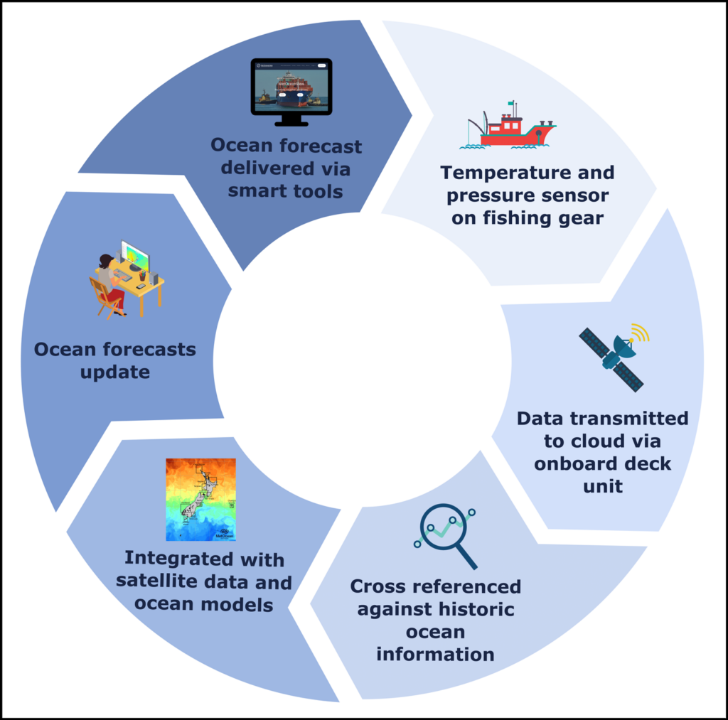 Circular diagram illustrating six stages in the cycle of ocean temperature data collection, analysis, and application