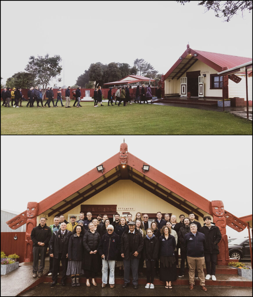 Two photos show the Moana Project team being invited into the Omarumutu Marae (top) and posing together with the Whakatōhea Māori Trust Board outside the Marae (bottom).