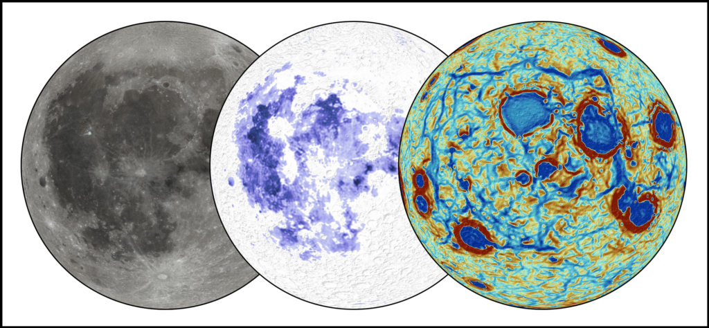 Three views of the Moon, including a gravity map