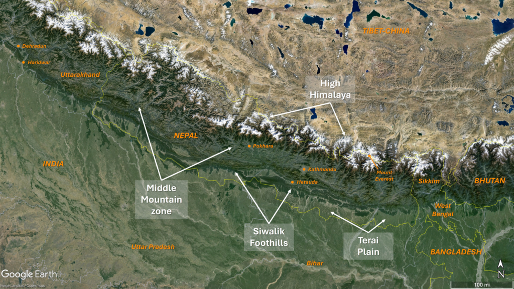 Satellite image over Nepal and parts of Bangladesh, Bhutan, India, and Tibet, labeled with selected cities and the regions of the Lesser Himalaya