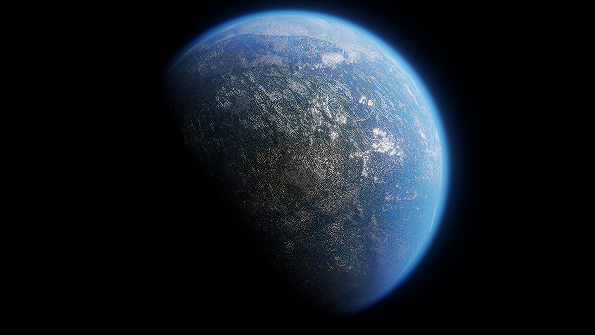 A planet with oceans, clouds, and landmasses appears against a black background.