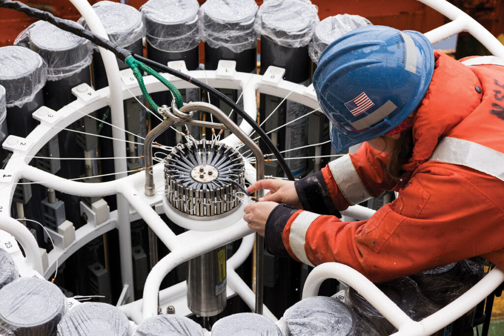 Scientists prepare a rosette on board the R/V Nathaniel B. Palmer in the Amundsen Sea.