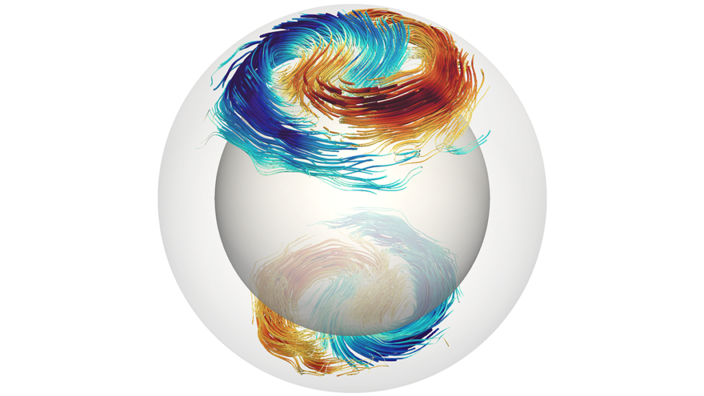 Colored lines in a spiral pattern overlay a plain white sphere.