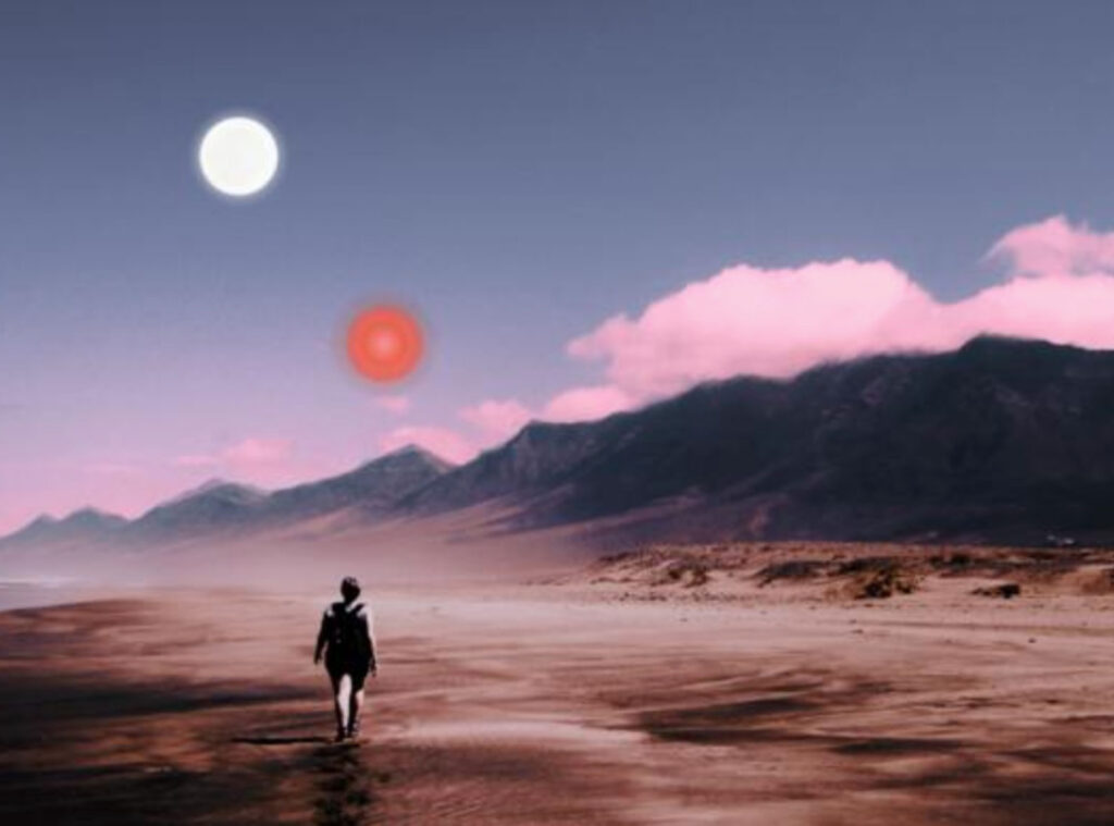Illustration of a person walking in a desert under two suns.