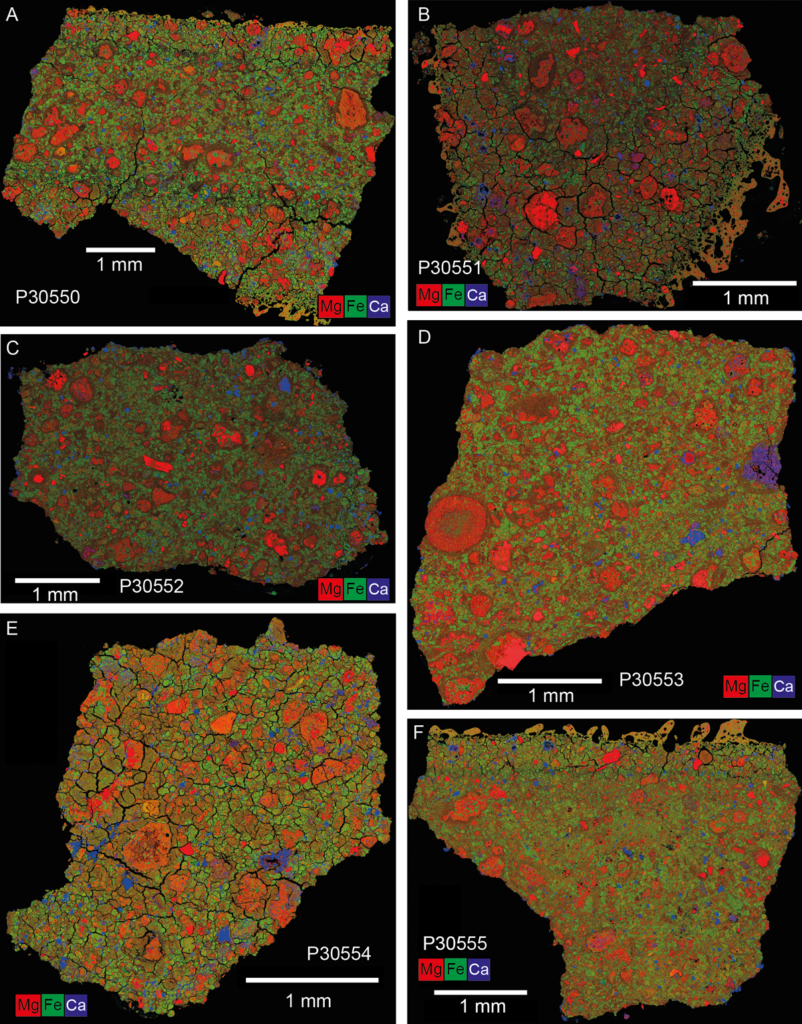 Colorful, wedge-shaped slices of a meteorite show concentrations of different elements.