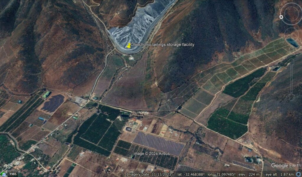 Google Earth image of the Chinchorro TSF, which failed in June 2024.