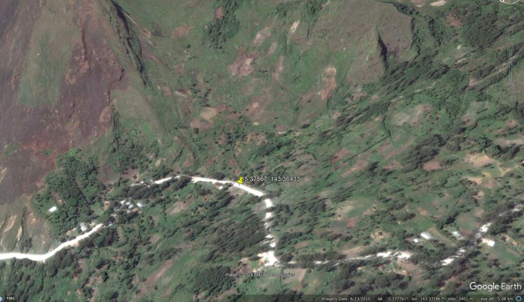 Google Earth image from 2010 showing the site of the 24 May 2024 Kaokalam landslide in Papua New Guinea.