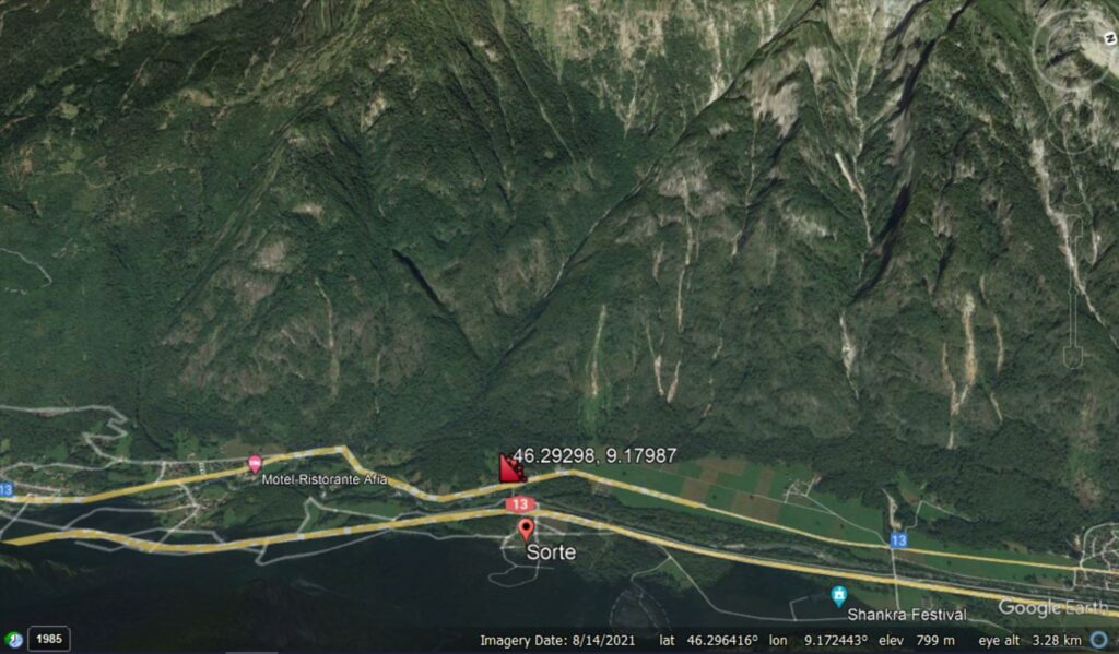 Google Earth image showing the location of the 21 June 2024 landslide at Sorte in Switzerland.